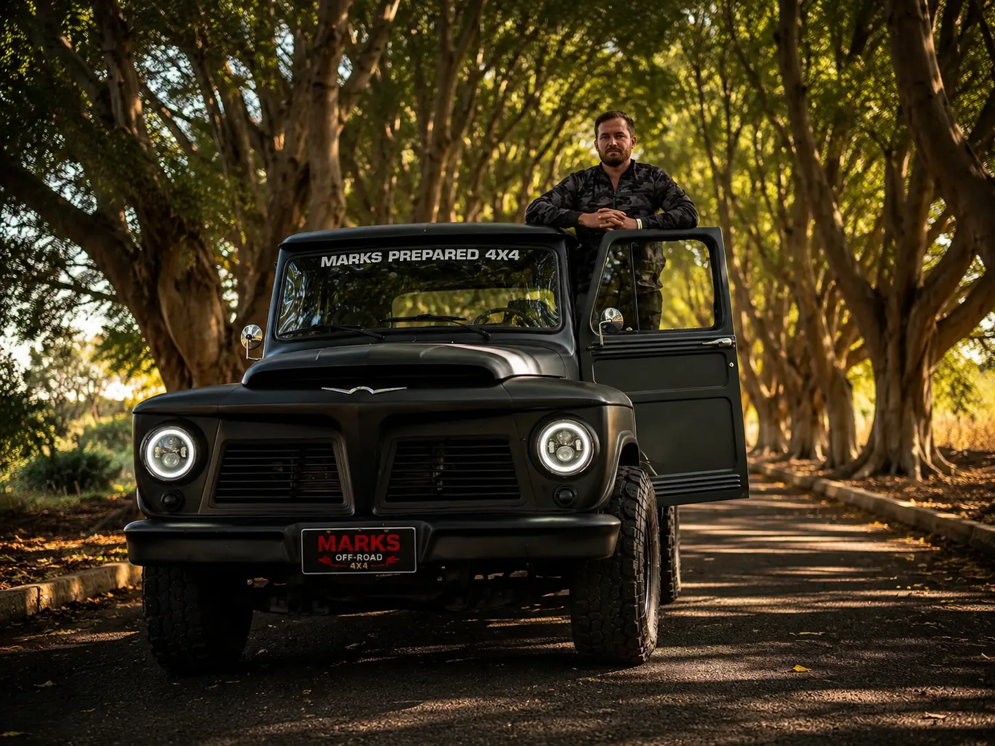 Jeep Willys preto fosco preparado, com faróis full LED, em estrada arborizada