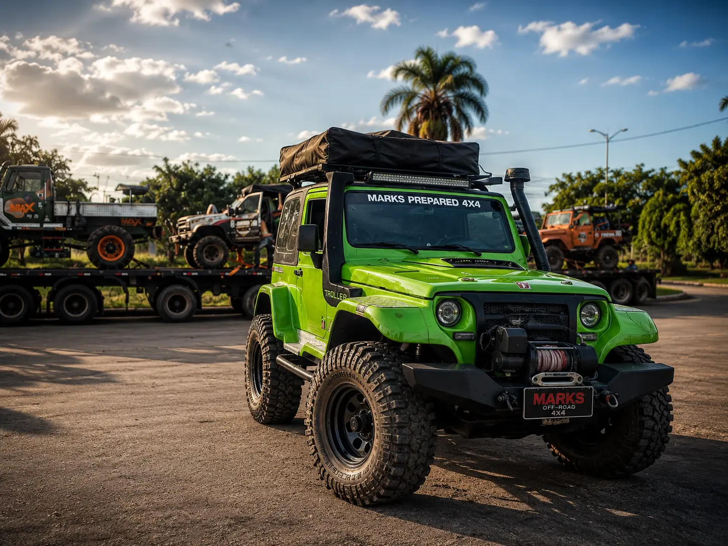 Troller verde preparado pela Marks Off-Road com snorkel, barraca de teto e guincho